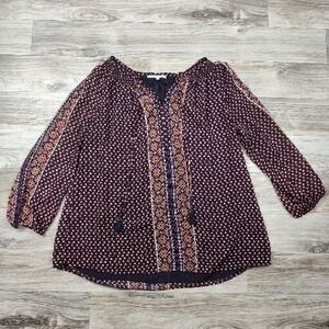 DR2 Daniel Rainn Plus 1X Blue Red Floral Tunic  3/4 Sleeve V-Neck Ties At Neck